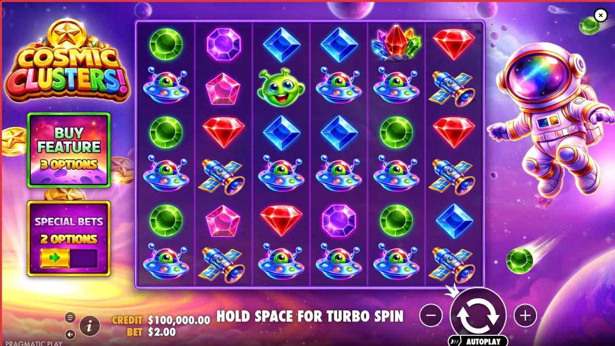 Makulay na neon space theme ng Cosmic Clusters slot